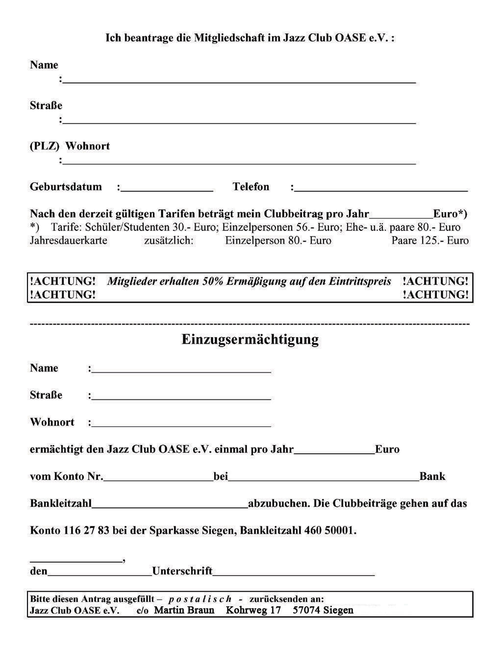 Mitgliedschaft JazzClub Oase